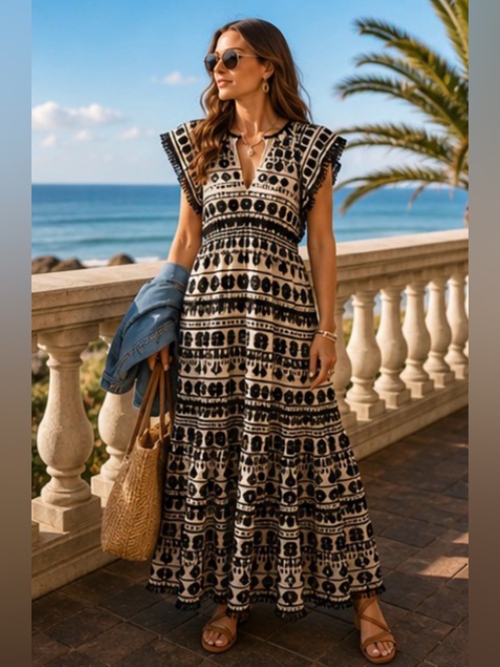 Marie Oliver Black Ivory Embroidered Tassel Statement Maxi Dress Boho Luxe